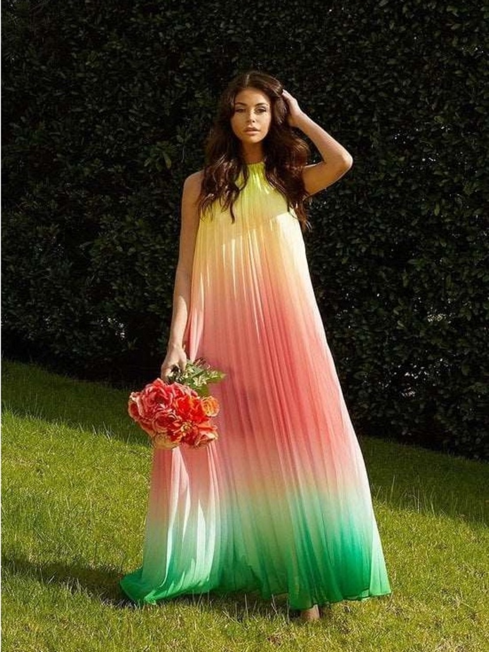 AKIRA Ombre Halter Maxi Dress in Yellow, Pink & Green